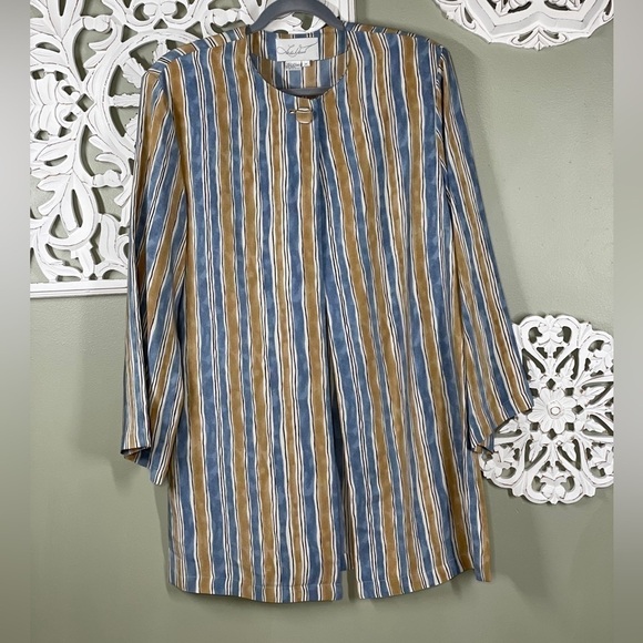 Linda David 100% Silk Stripe Tunic Blue Tan Medium - Picture 1 of 7
